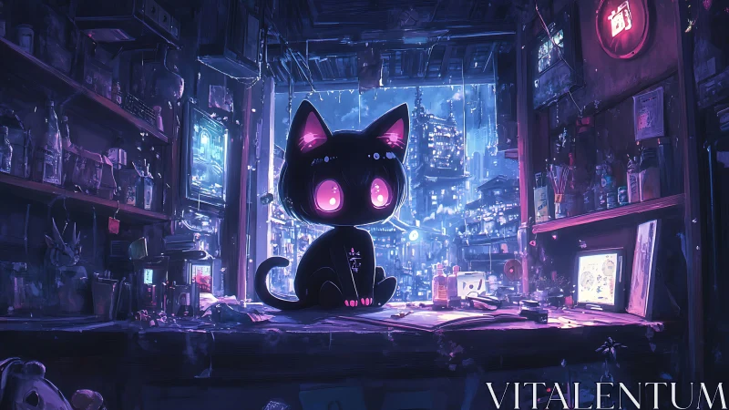 Cyberpunk neon cat mascot in cluttered night city workshop.