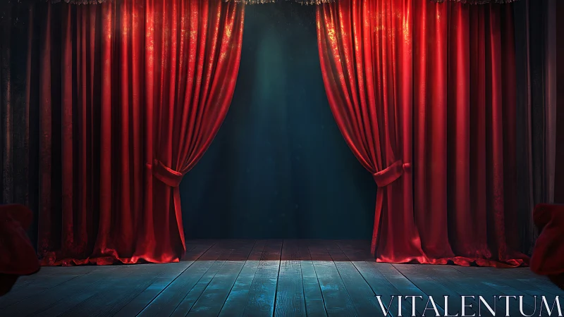 Red theater curtains glow softly as a spotlight awaits the show