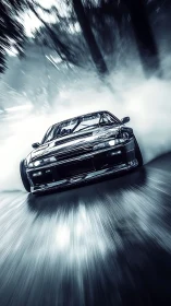 Sport coupe executing controlled drift on wet forest road.