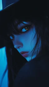 Nocturnal portrait with sapphire lighting and golden gaze.