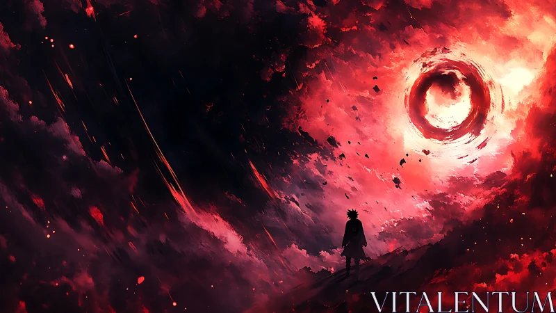 Lone figure under swirling red void in stormy sky.