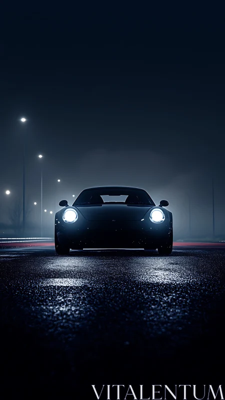 Sports car headlights cut through wet night highway fog