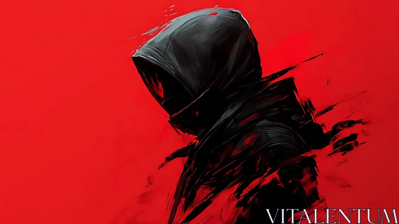 Hooded dark figure on vivid red abstract background.