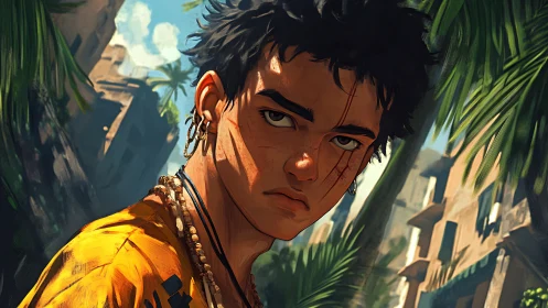 Sunlit street wanderer meets the viewer with steady resolve