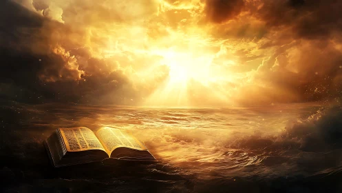 Open book lies on turbulent sea under intense golden light