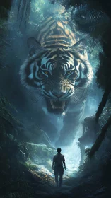 Colossal jungle tiger towers over lone figure on mist path