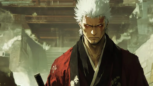 Storm-eyed swordsman walks forward through rising temple smoke