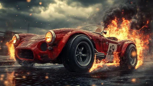 Fiery red race car charging through a stormy city street.