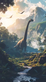 Sauropod traverses misty primeval valley at sunrise