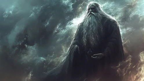 Stormlit sage in swirling mist and quiet cosmic power.