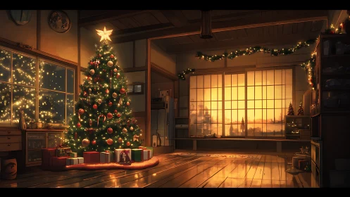 Interior room presents decorated tree with evening window light
