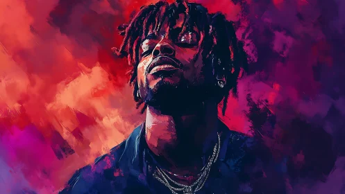 Expressive digital portrait of man with dreadlocks in neon haze