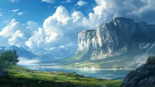 Majestic cliffside valley beside reflective alpine lake at noon.