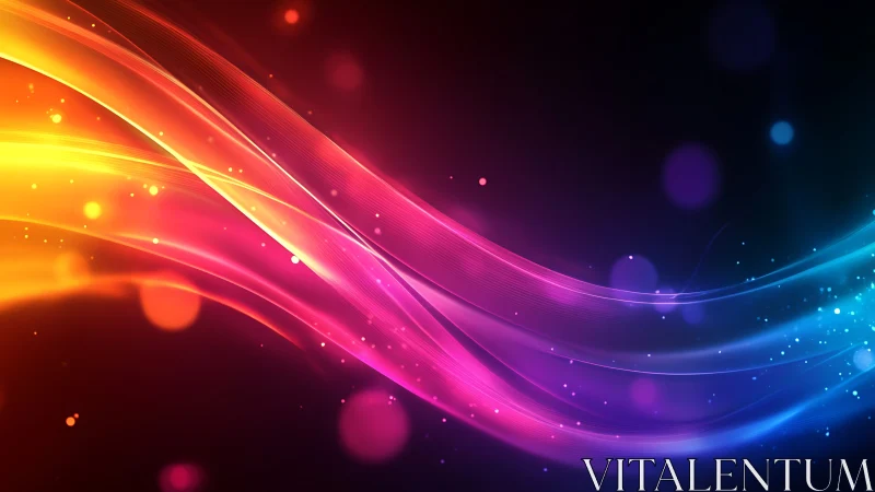 Colorful light waves curve across dark gradient background