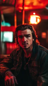 Moody portrait of tattooed man in red neon bar lighting.