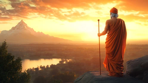 Sunlit sage overlooking distant snow peak at dawn.