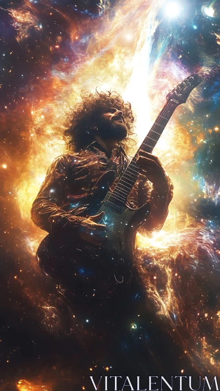 Cosmic rock guitarist silhouetted in radiant interstellar nebula