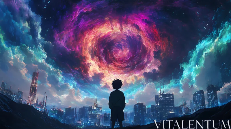 Boy beneath cosmic vortex above neon futuristic cityscape.