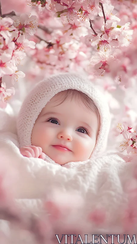 Cherub's Spring Whisper: Infant Dreams Beneath Blooming Pink Branches
