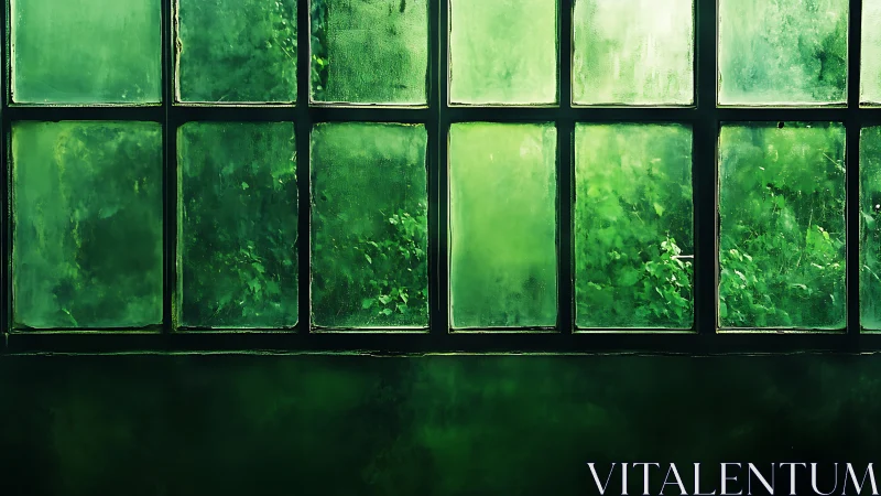 Greenhouse window grid with foliage behind glass panes.