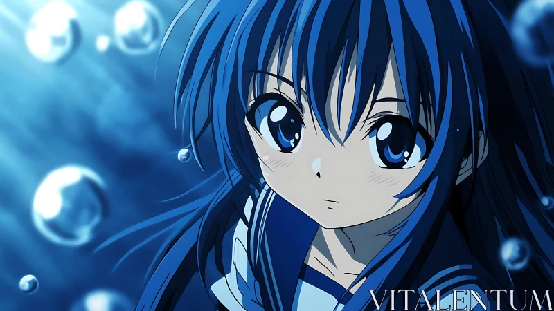Blue haired anime girl drifts underwater in soft light.