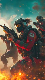 Tactical strike squad advances through cinematic firestorm.