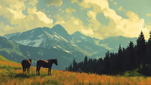 Two horses stand in a mountain meadow before distant peaks