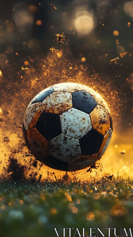 Mud-splashed soccer ball soars through golden evening light