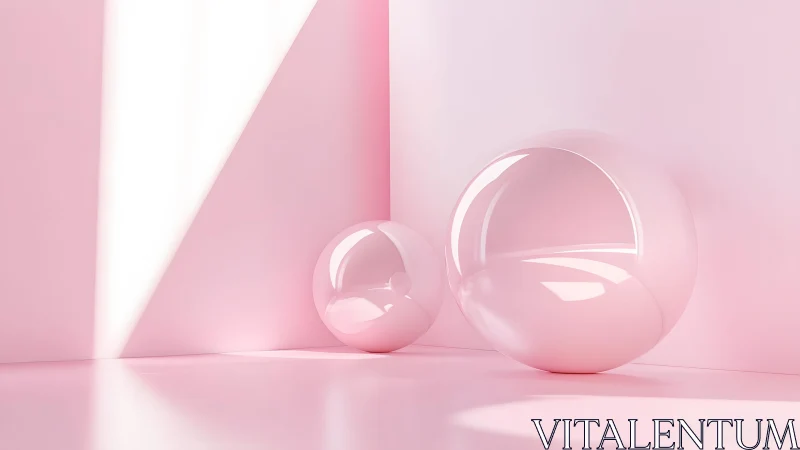 Soft pink spheres rest calmly in a glowing minimal corner