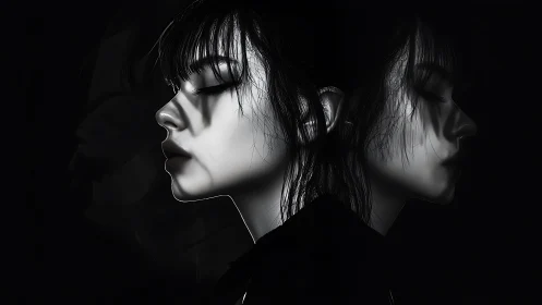 Dual monochrome profile study of woman in low light.