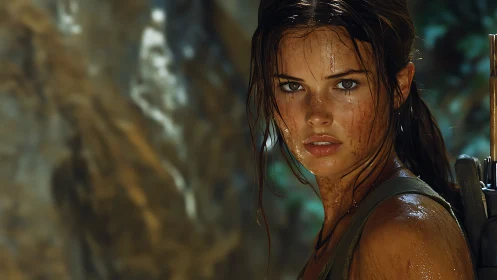 Sweat‑streaked jungle tracker in cinematic close-up portrait.