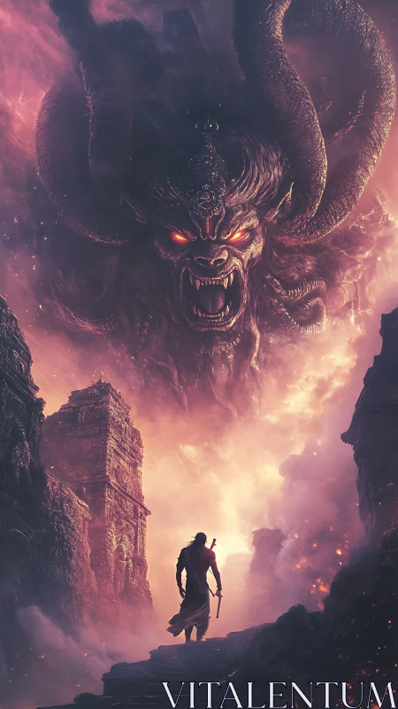 Infernal colossus manifesting above lone swordbearer.