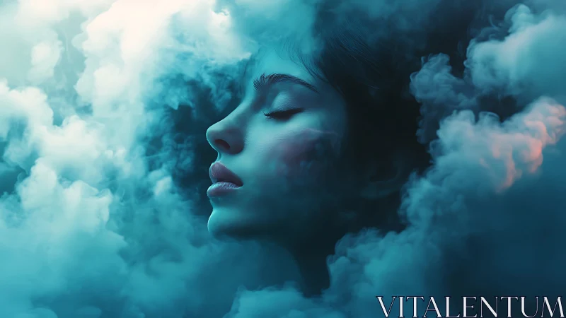 Serene female face emerging softly from dense teal mist.