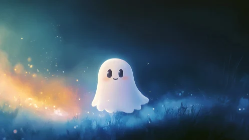 Gentle glowing ghost under dreamy bioluminescent night.