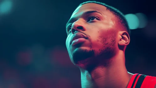 Arena-lit baller gazes upward in neon-tinted focus.