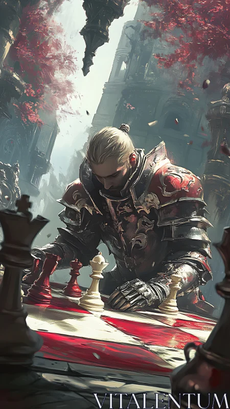 Armored warlord contemplates a blood-red chessboard of fate