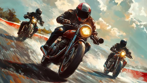 Motorcycle racers storm wet track in dynamic digital art.