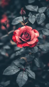 Crimson Rose Blooming in Twilight Garden.