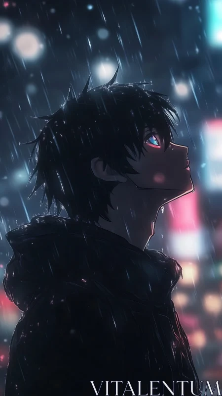 Silhouetted anime boy watches neon city lights in rain