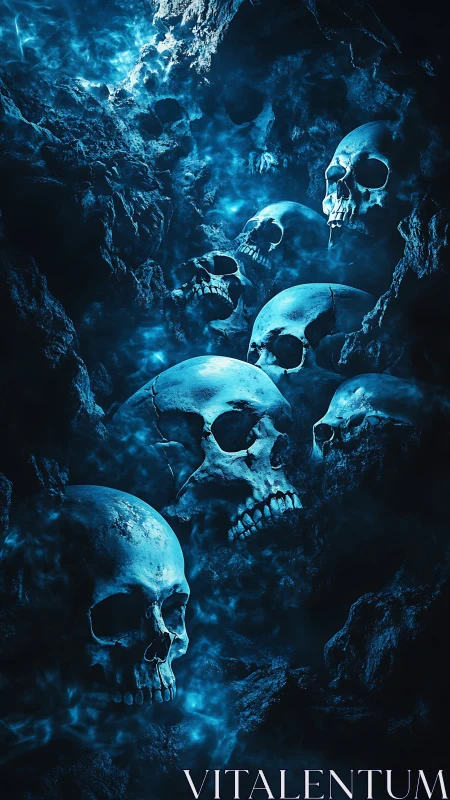 Blue ethereal skull cavern with rising ghostly mist.