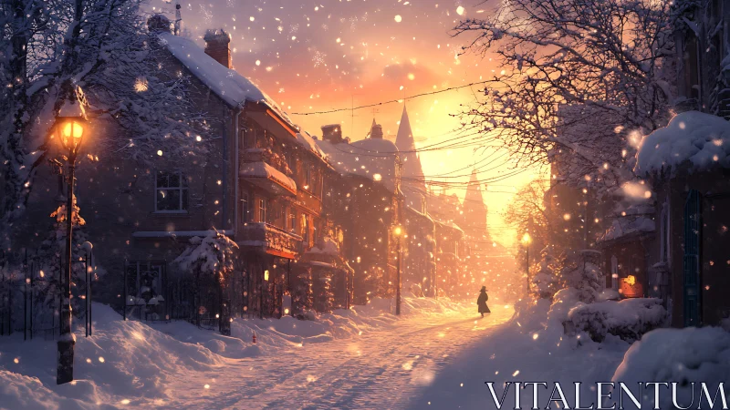 Snowlit winter street receding into a golden atmospheric dusk