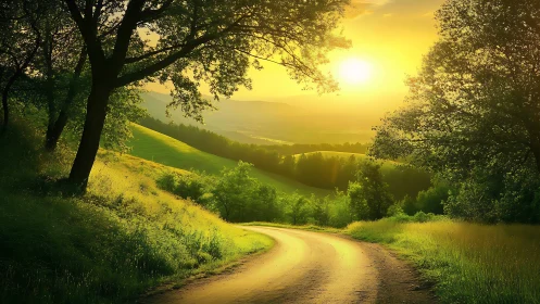 Curving rural road through sunlit hills and tree line at sunset.