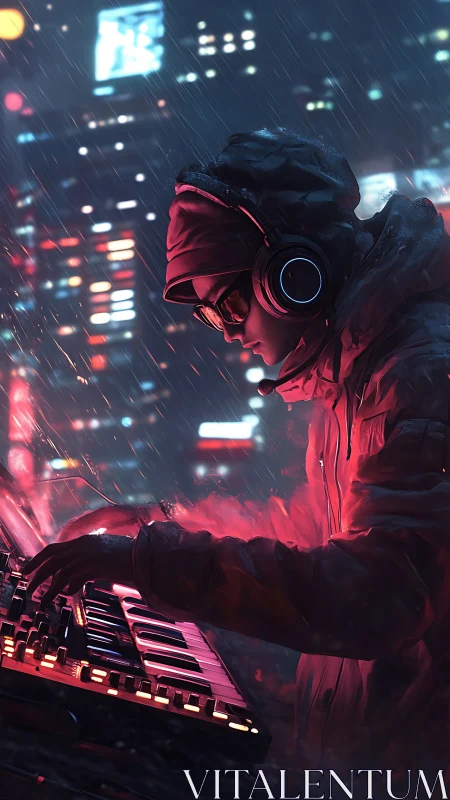 Neon-lit street producer mixing synths in cyberpunk rain.