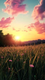 Sunset illuminates tall grass field with scattered pink flowers