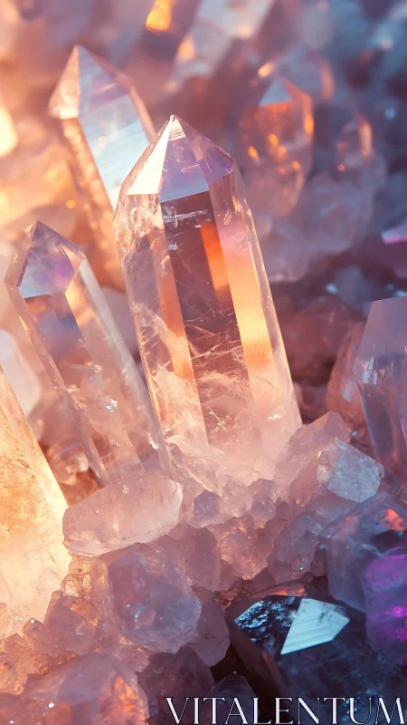 Cluster of translucent quartz crystal points in warm light.