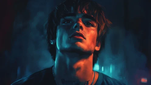 Moody cyberpunk portrait under neon blue orange glow.