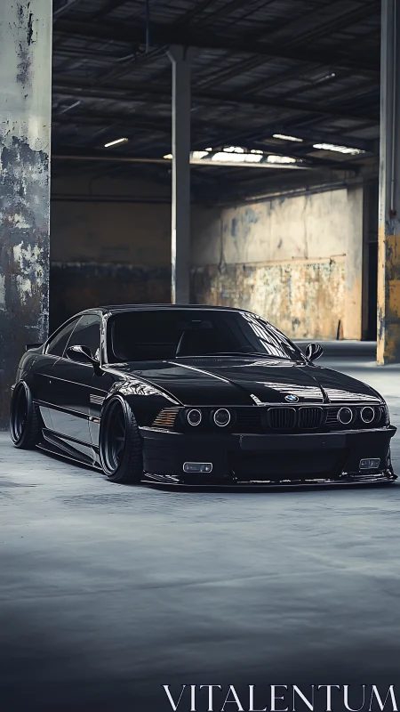 Slammed black BMW coupe stands menacingly in empty warehouse.