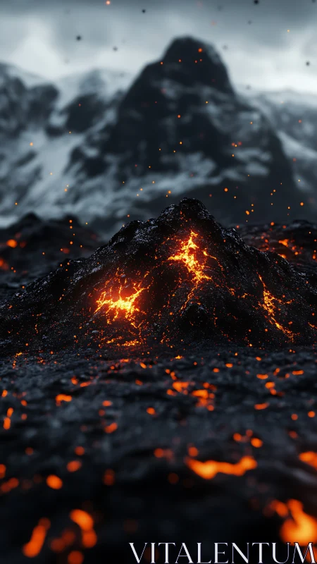 Thermal lava flow with incandescent cracks dispersing luminous particles across volcanic terrain