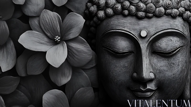Serene stone Buddha portrait with monochrome blossoms.