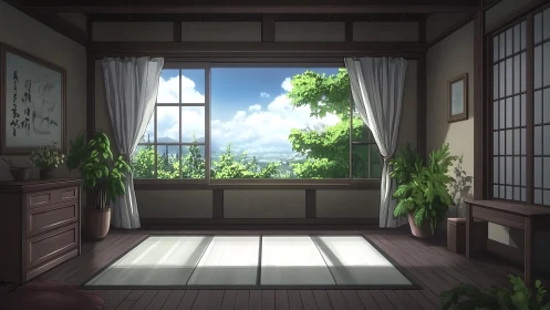 Quiet sunlit tatami room opening gently to summer skies.
